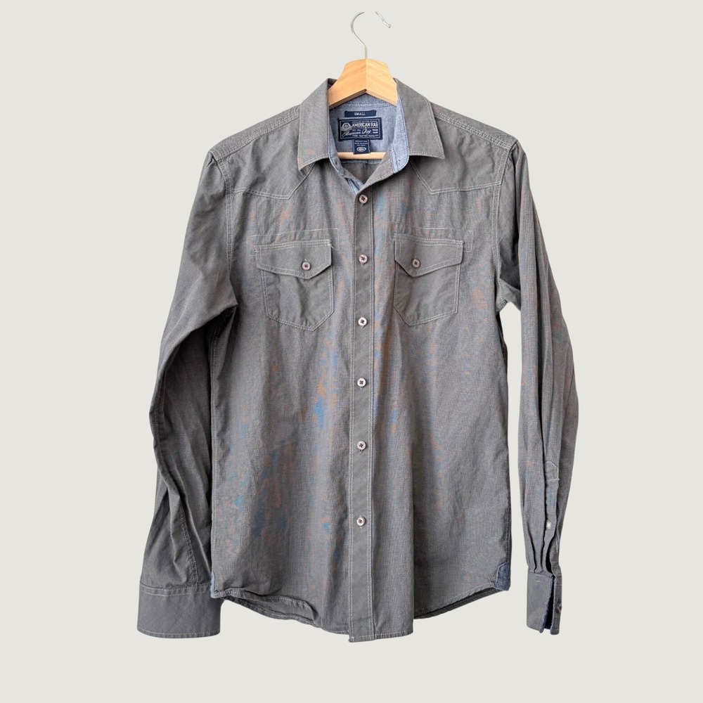 American Rag Mens Gray Micro Houndstooth Western Button Down Fall Shirt Small